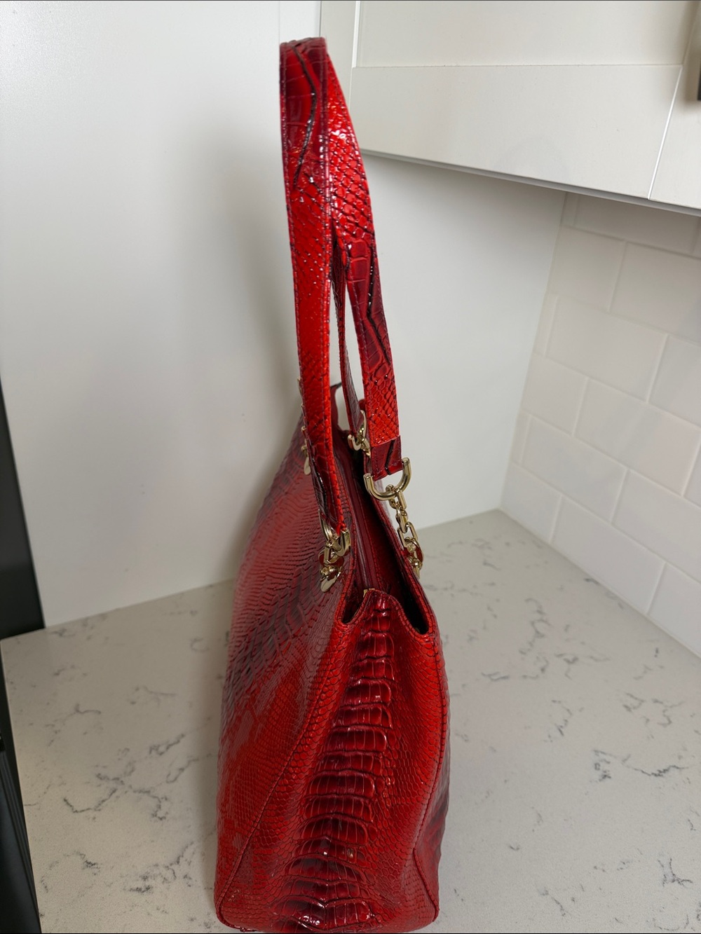 Red Snake-Embossed Shoulder Tote with Gold Hardware - Picture 2 of 14